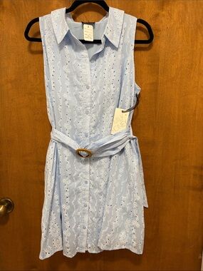 598. Milk & Honey Sleeveless Eyelet Shirt Dress with Belt - Light Blue -